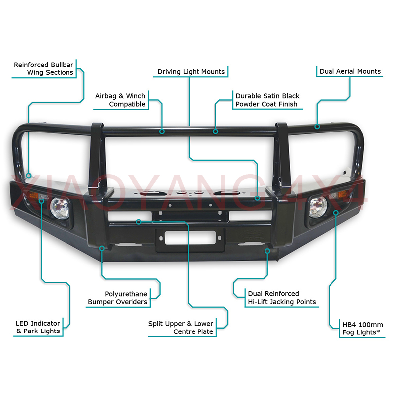 Auto Accessories Heavy Duty Power Coated Black Steel Bullbar Front Bumper For Pickup Trucks Hilux Navar Rang-er Bull Bar